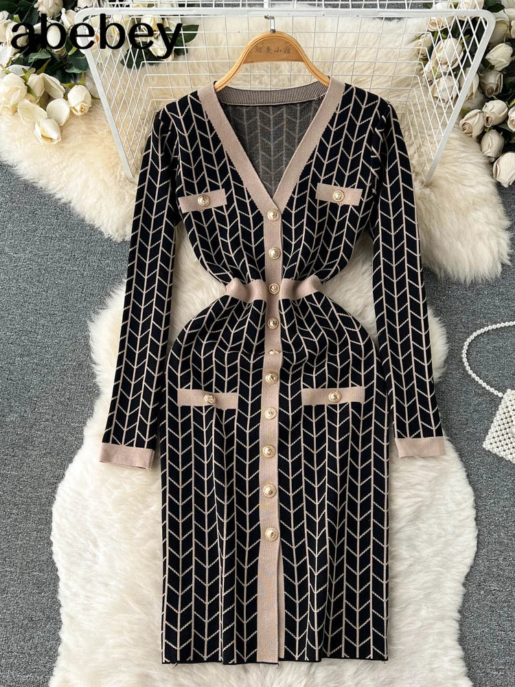 Autumn Plaid Knit Dress Women V Neck Elastic Waist Midi