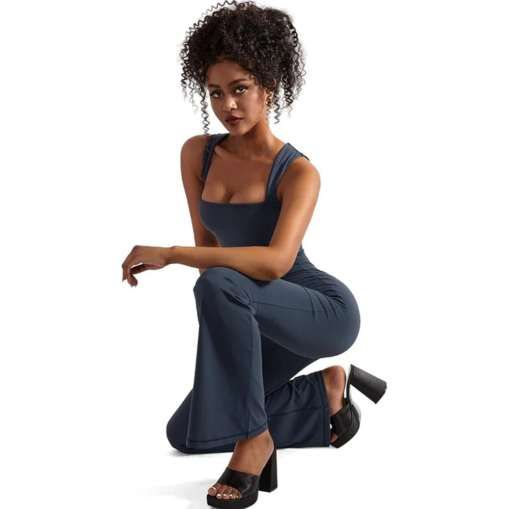 Women's Sleeveless Square Neck Bodysuit with Flared Pants Casual Fitness Jumpsuit Full Season Streetwear Playsuit
