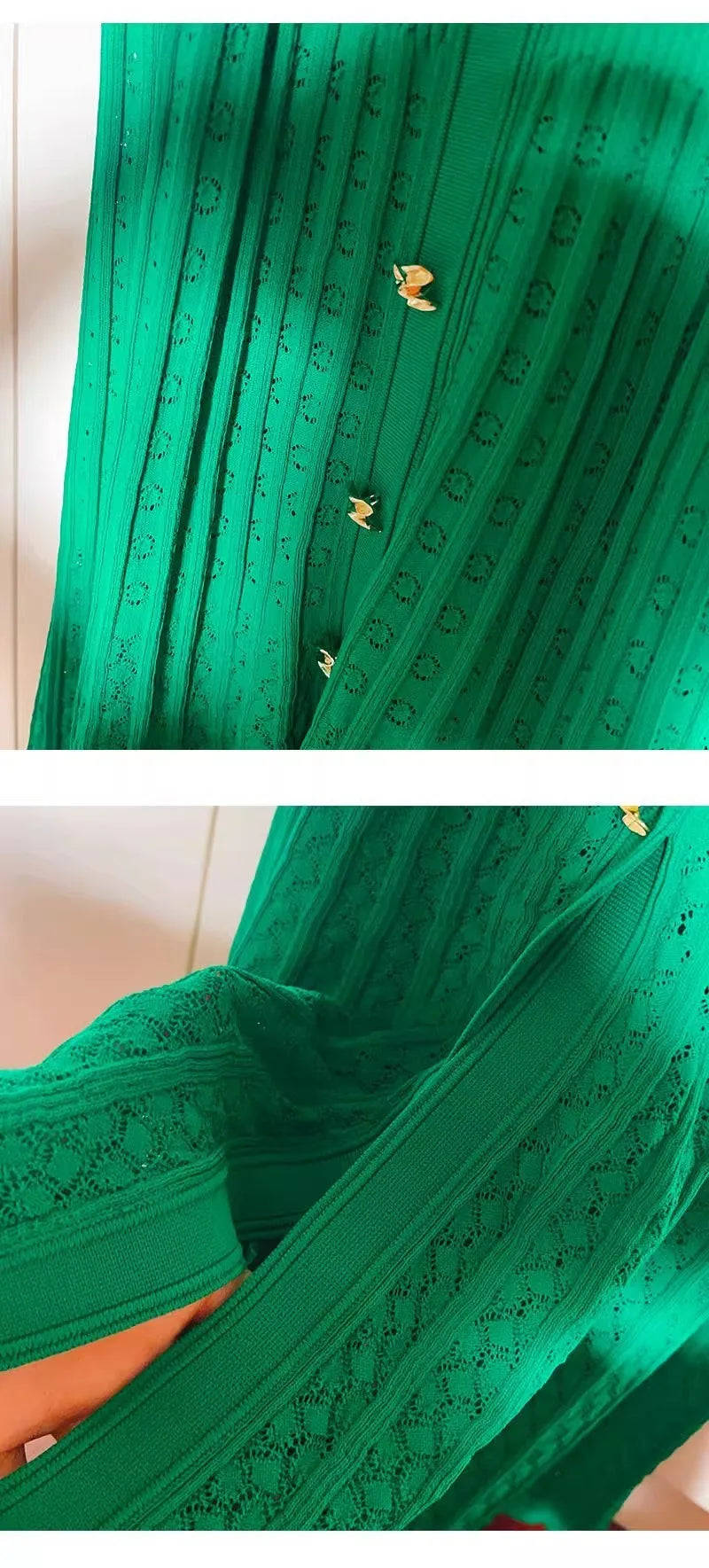 Green Knitted Long Dress With Lapel Puff Sleeves For Women