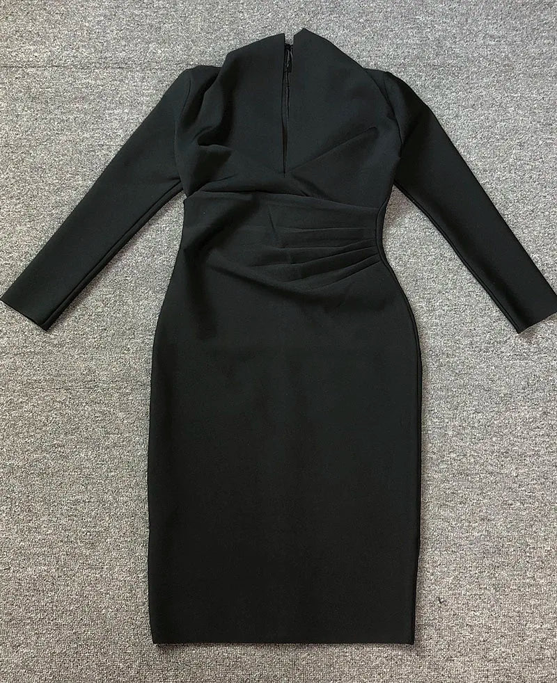 Colorful Deep V Bandage Dress Long Sleeve Bodycon Dress