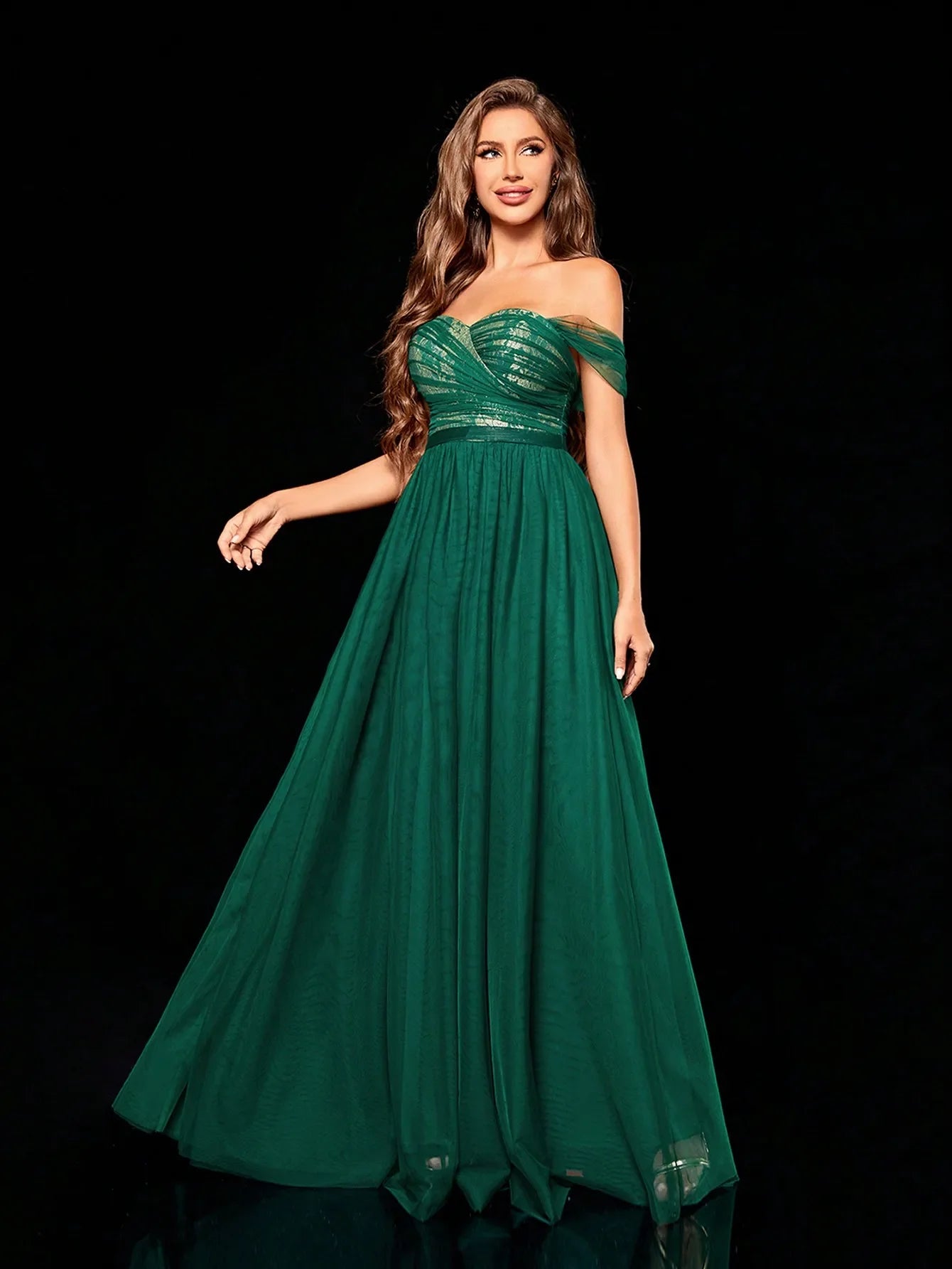 One Shoulder Mesh Maxi Dress With Gold Lace Accent