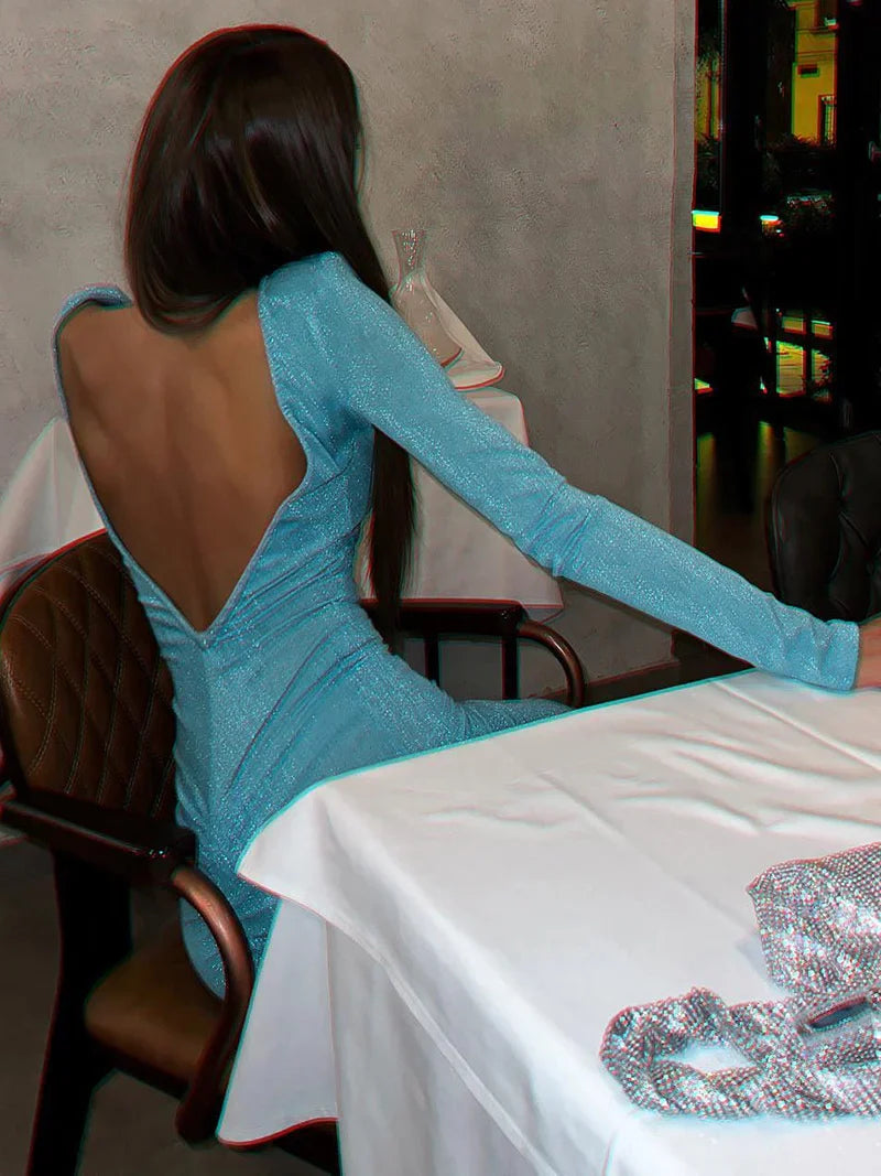 Glitter Backless Ruched Midi Dress For Women Party Dress