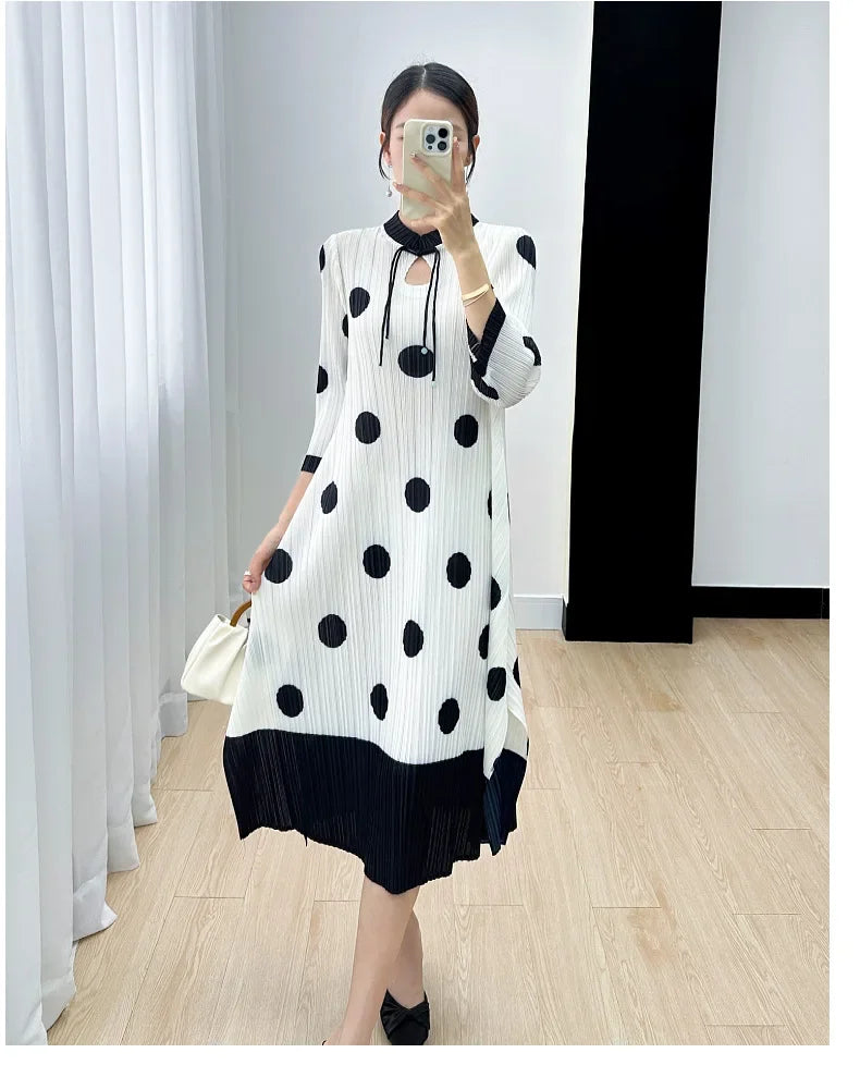 Polka Dot Pleated Dress for Women with Stand Collar