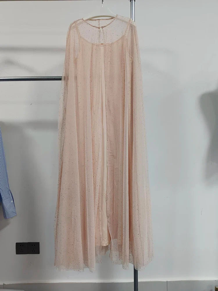 Sequin Patchwork Dress With Round Neck Mesh Sleeves