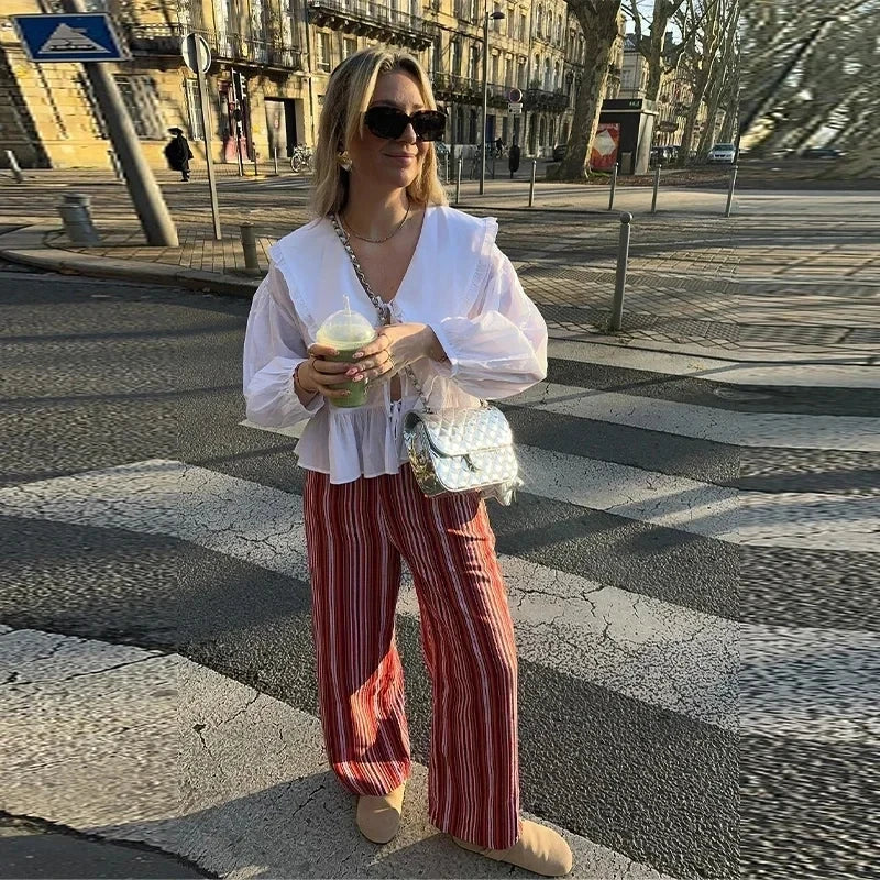 Women's Sweet Solid White Blouse with Front Bow Lace-Up Long Sleeves Elegant Casual Summer Top