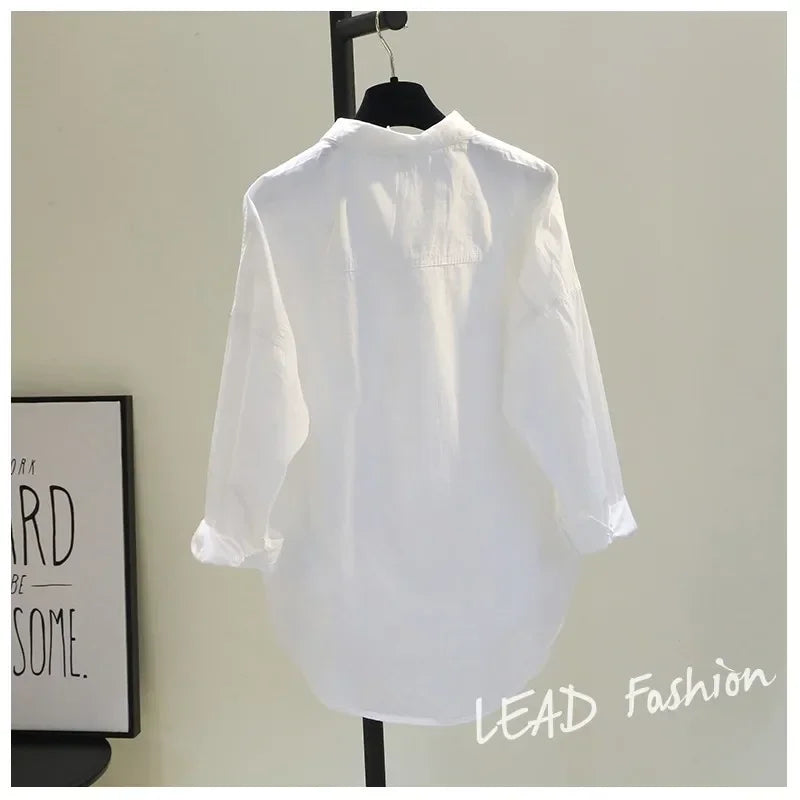 Cotton White Women's Loose Fit Shirt Casual Long Sleeve Blouse Elegant Office Top Comfortable Autumn Wear