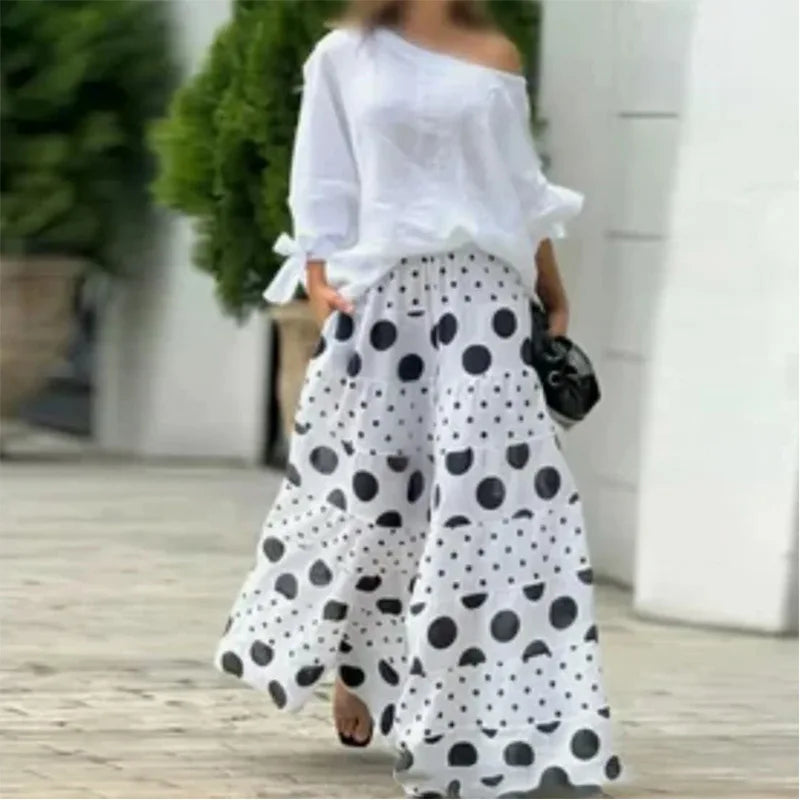 Off Shoulder Polka Dot Print Top and Wide Leg Pants Outfit for Women Casual Spring Autumn 2 Piece Set