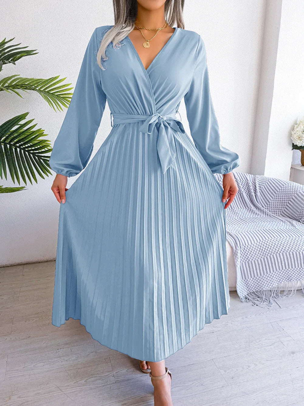 Elegant Surplice Neck Pleated Maxi Dress With Belt Flair