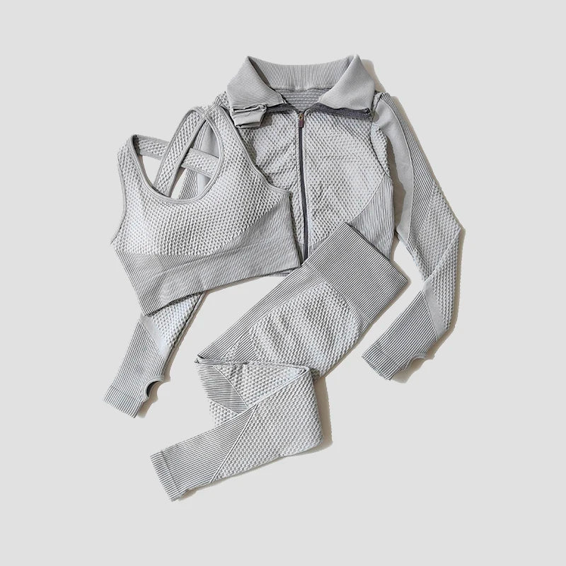 Seamless Women Yoga Suit with High Waist Leggings and Long Sleeve Crop Top Fitness Set