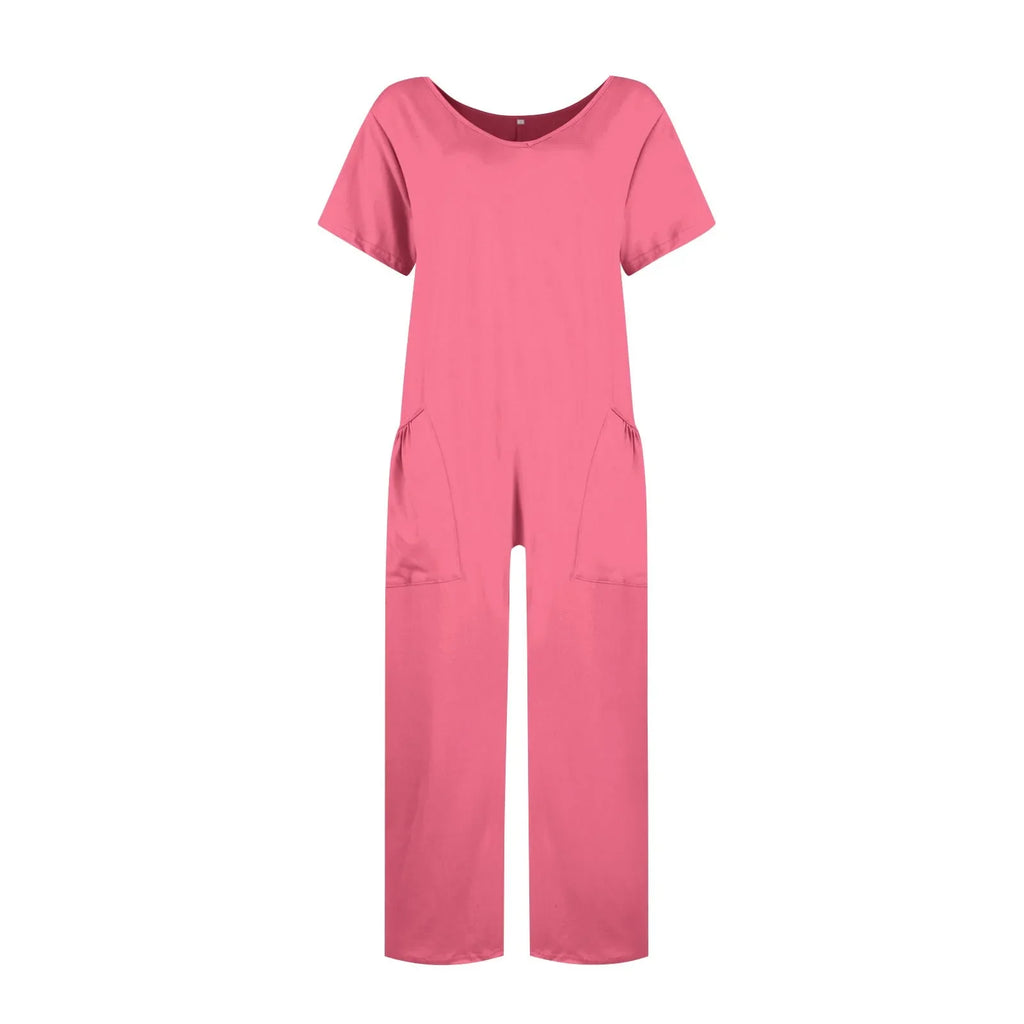 Women's Casual Short Sleeve Pullover Jumpsuit Loose Fit with Pockets Comfortable Lightweight Bodysuit Trendy Summer Romper