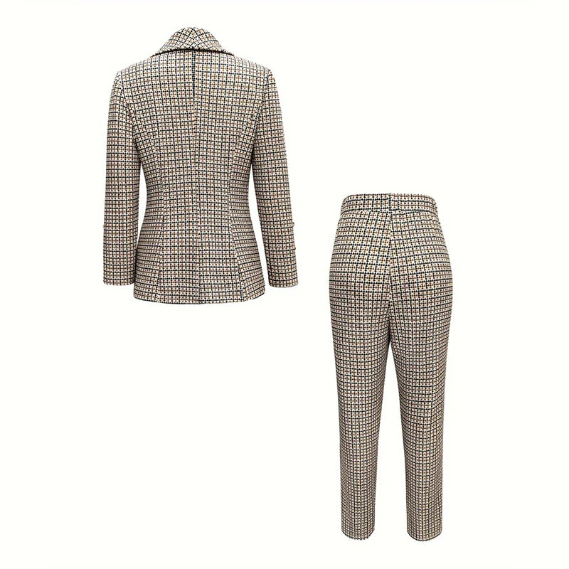 2 PCS Women Elegant Plaid Waistcoat and High Waist Slim Pant Set with Double Breasted Blazer and Long Sleeve Top for Office and Autumn Wear