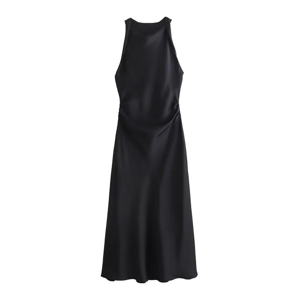 Silk Sleeveless Midi Dress Slim Fit For Office Wear