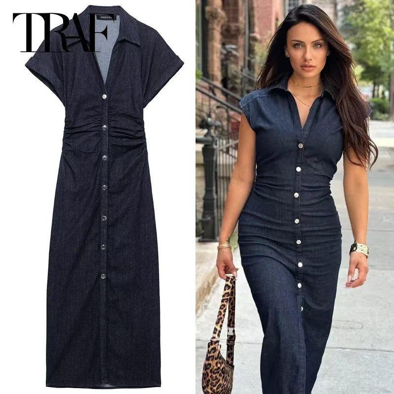 Elegant Blue Midi Dress With Ruffles And Corset Details