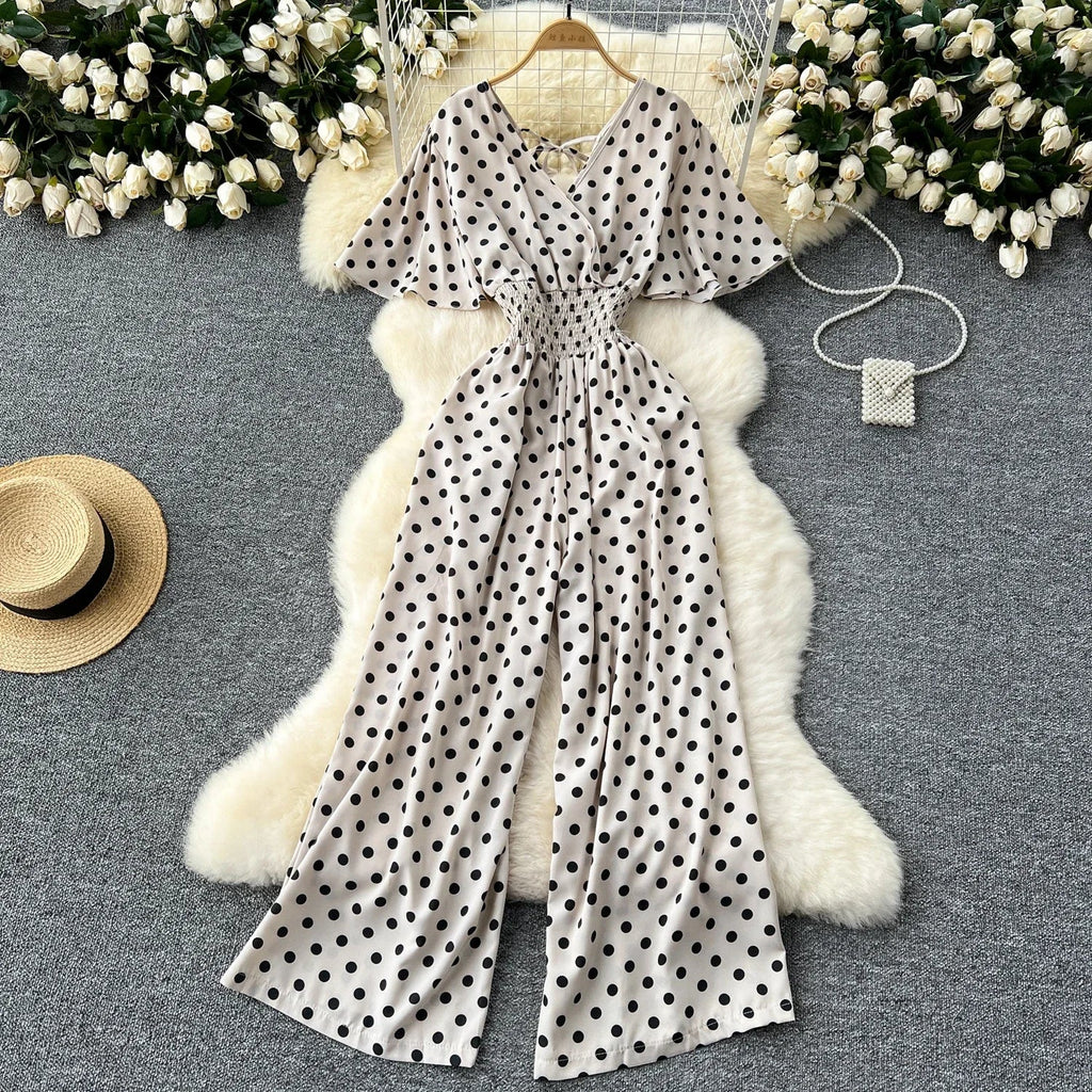 Elegant Polka Dot Romper for Women V-Neck Short Sleeve High Waist Wide Leg Jumpsuit Loose Fit Summer Playsuit