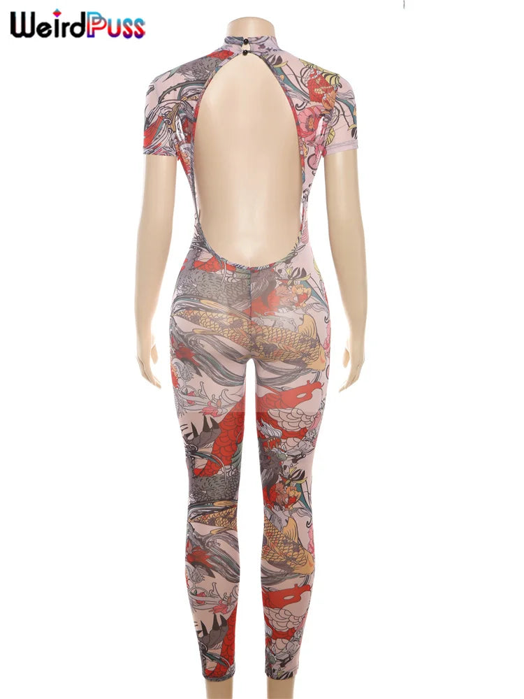 Women's Backless Dragon Print See-Through Jumpsuit Slim Stretch Short Sleeve Workout Overalls Clubwear