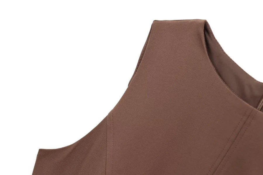 3D Cutout Mini Dress Pleated Skirt Brown Sleeveless