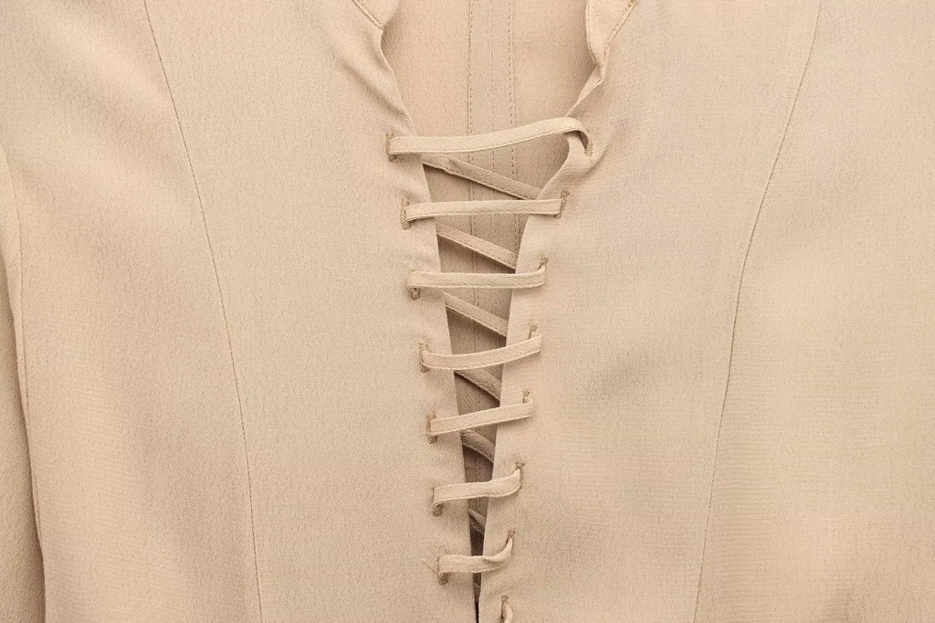 Womens Lace Up Mini Dress With Flared Sleeves Pleated