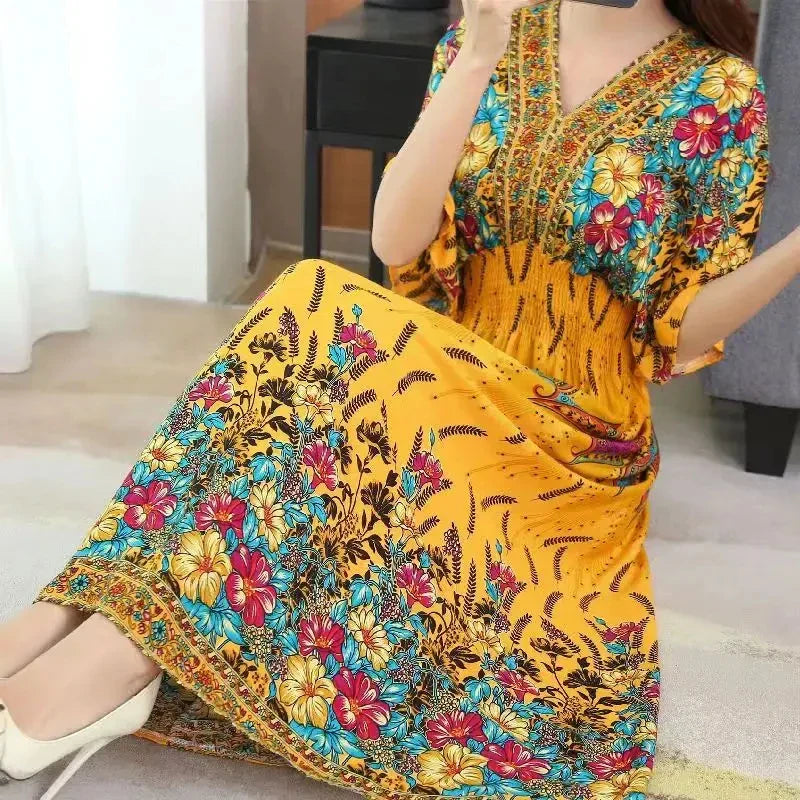 Bohemian Floral Midi Dress With V Neck Elastic Waist