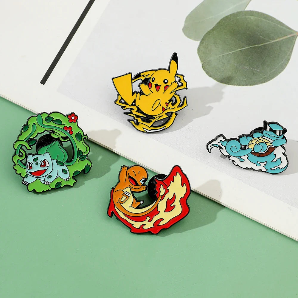 Cute Cartoon Pocket Monsters Enamel Brooch Set for Bags - 4 Pcs Creative Animated Character Accessories