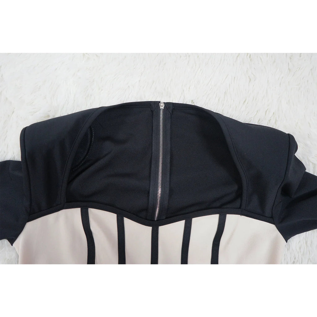 Women Long Sleeve Patchwork Romper Jumpsuit with Waist Cincher Wide-Leg Pants Elegant Office and Party Playsuit