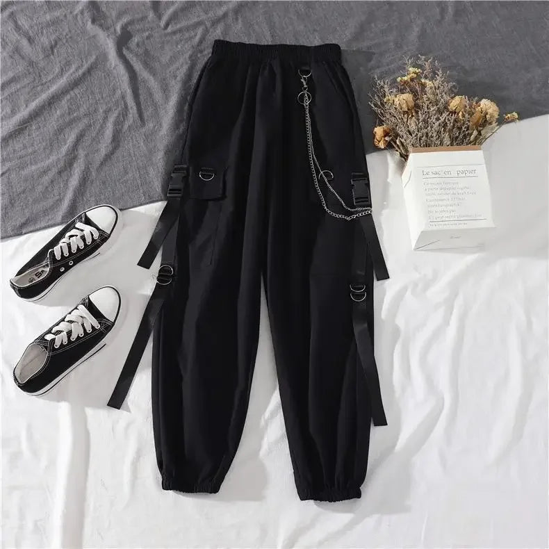 Casual Streetwear Cargo Pants Set with Chain and Harajuku Style Shirt for Women - Two Piece Loose Joggers and Blouse Outfit in Black and White