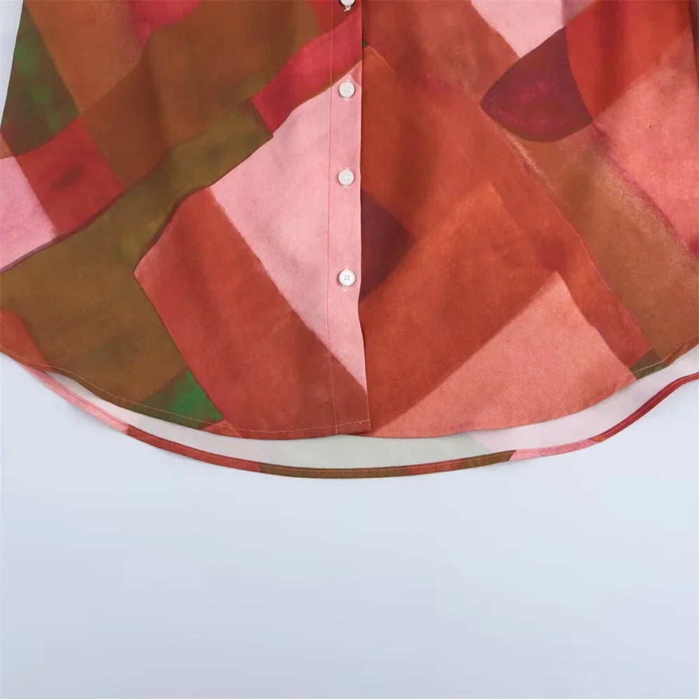 Spring Collar Long Sleeve Single Breasted Women's Casual Shirt with Geometric Print and Silk Texture