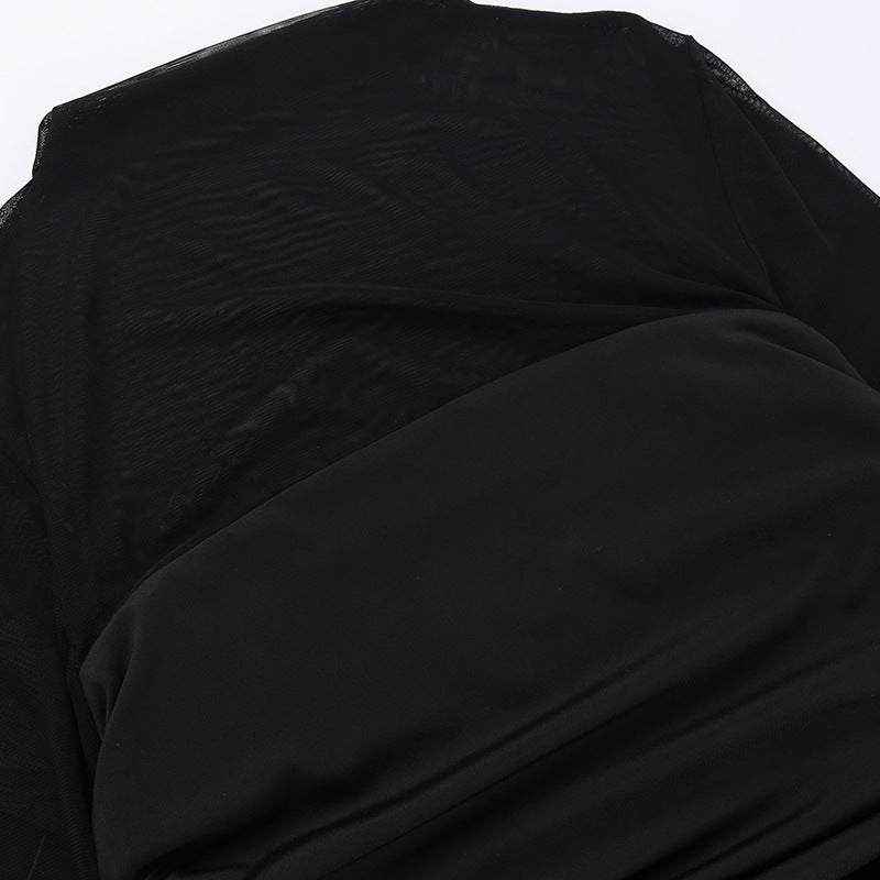 Sheer Black Bodycon Dress For Women Long Sleeve Patchwork