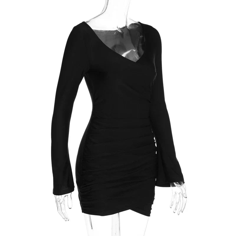 Black Ruched Bodycon Dress V Neck Long Flare Sleeve