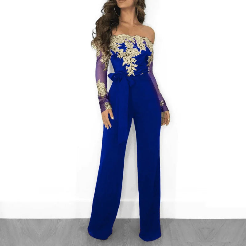 Appliques Lace Patchwork Off Shoulder Jumpsuit for Women with Slash Neck Long Sleeve and Elegant Wide Leg Pants Party Overalls