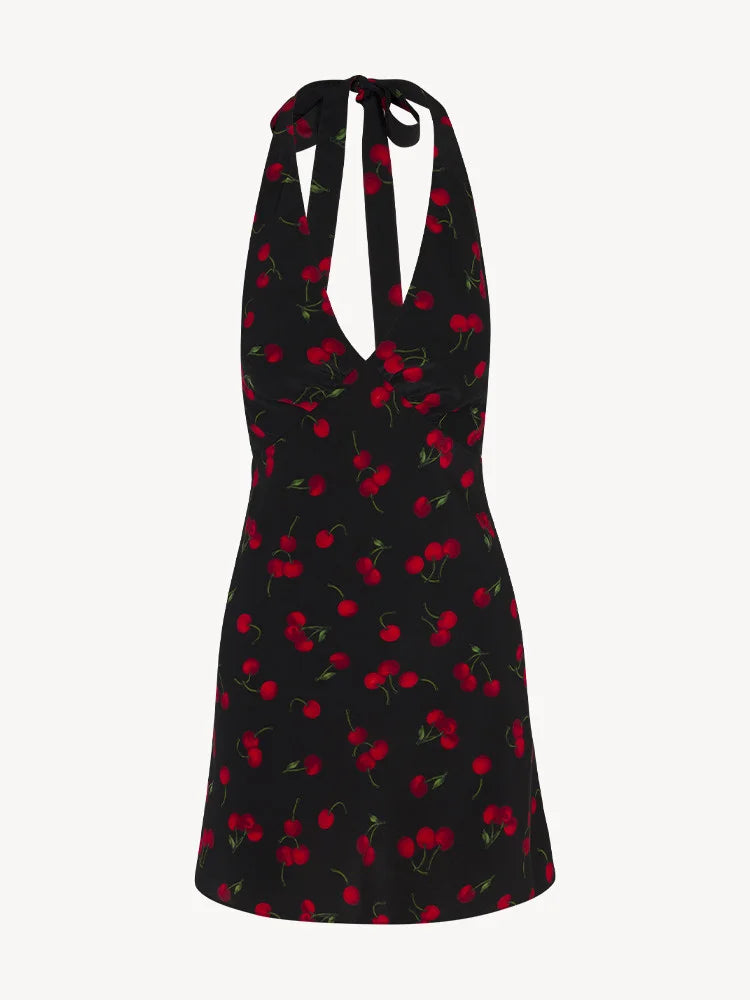 Cherry Print Backless Summer Floral Dress For Women