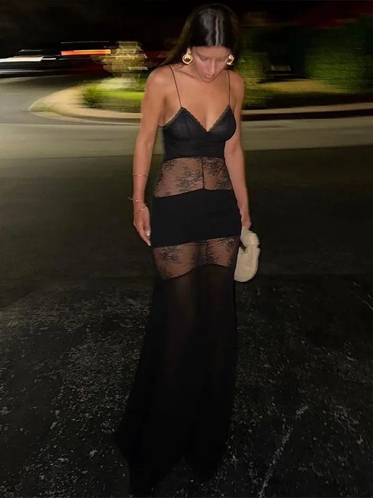 Black Backless Lace Maxi Dress For Women See Through