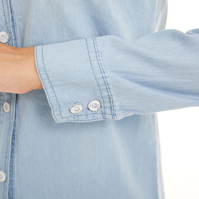 Light Blue Slim Fit Cotton Denim Shirt for Women Long Sleeve Casual Thin Jeans Blouse Top