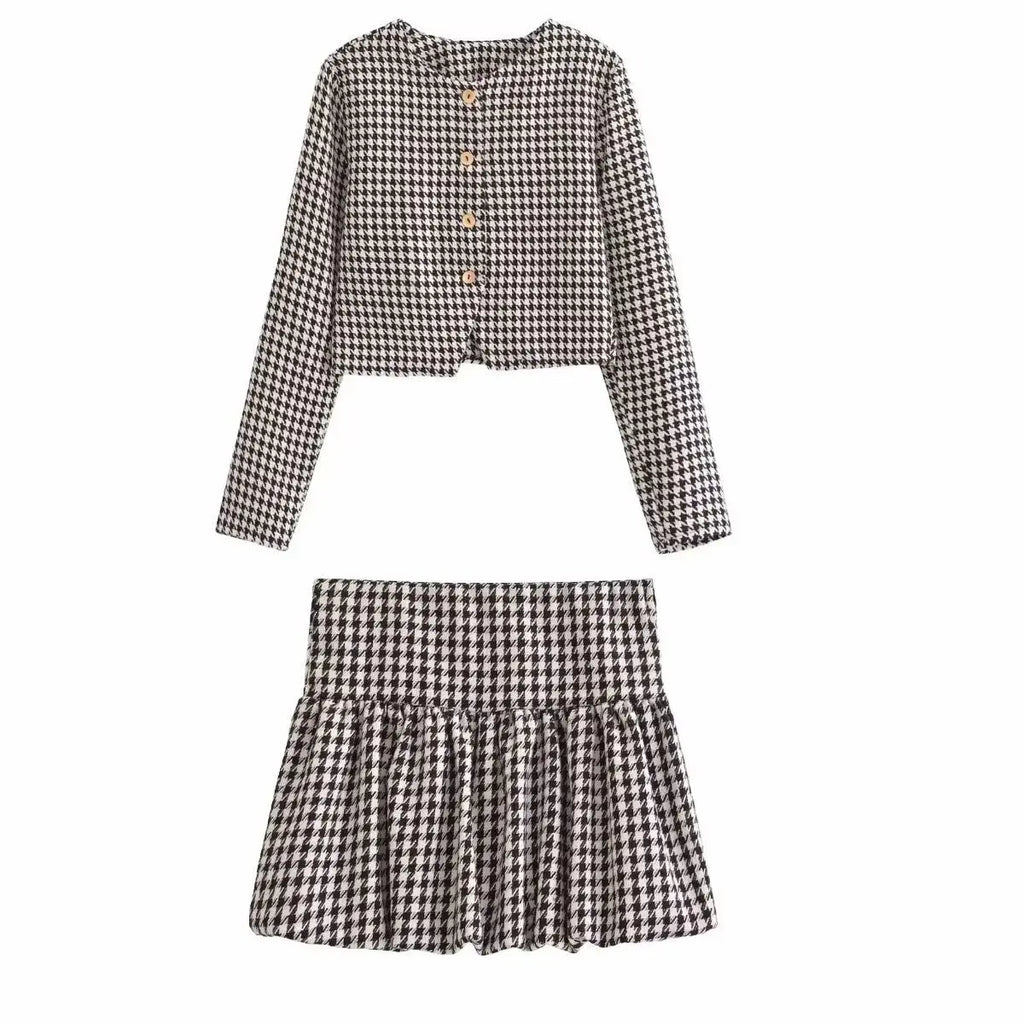 Spring Women's Houndstooth Long-Sleeve Round Neck Commuter Jacket with Casual Temperament Short Skirt Set