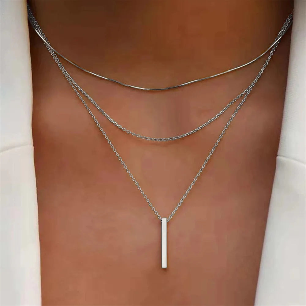 Vintage Layered Metal Bar Pendant Necklace for Women Gold Clavicle Chain Jewelry