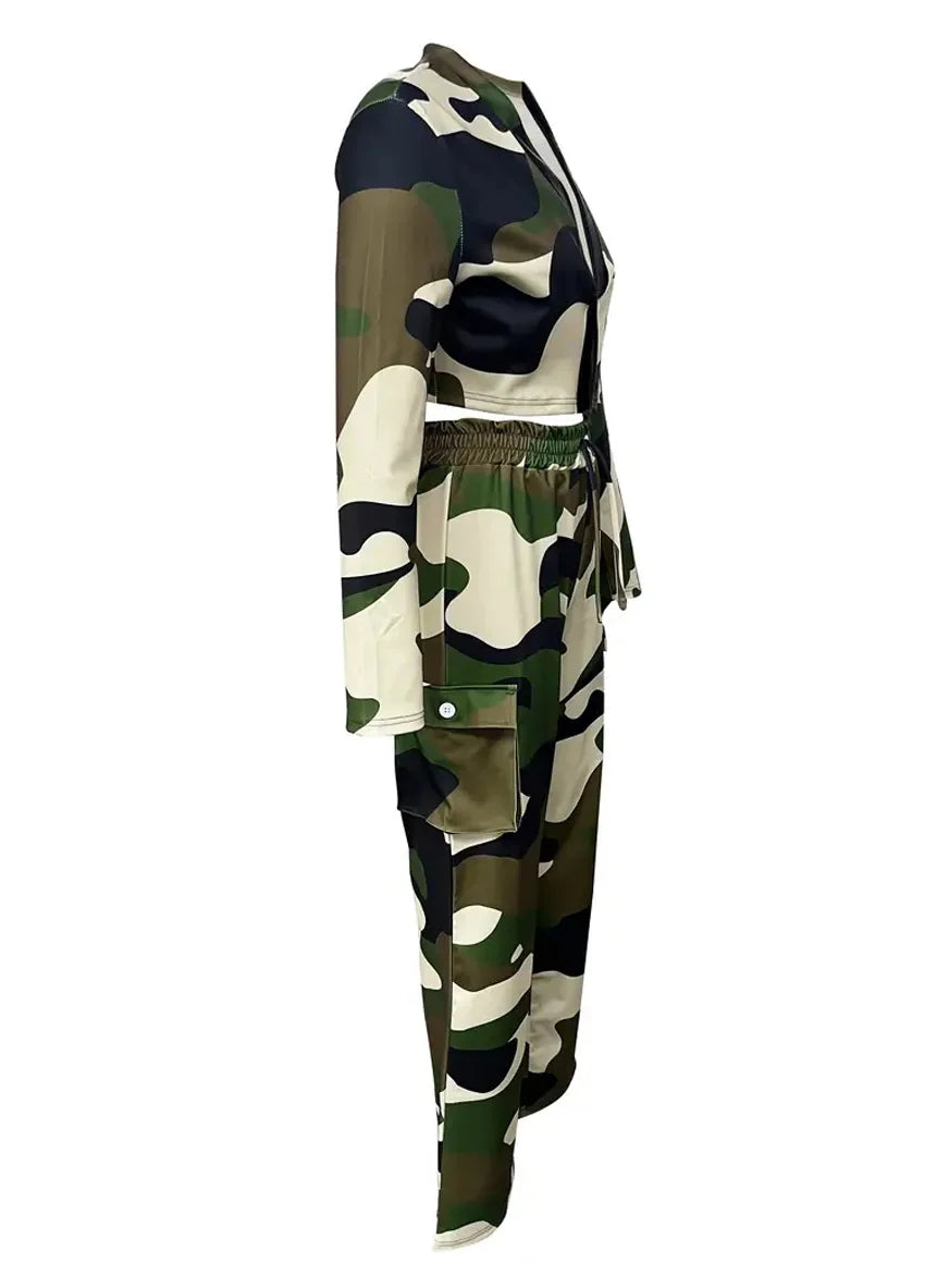 Camo Print Cargo Pants Set with Sexy Crop Top and High Waist Wide Leg Trousers for Women
