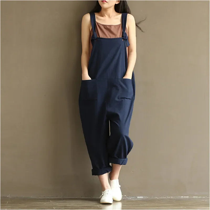 Casual Loose Fit Solid Strap Jumpsuit with Pockets Women's Plus Size Harem Dungaree Overalls 5XL