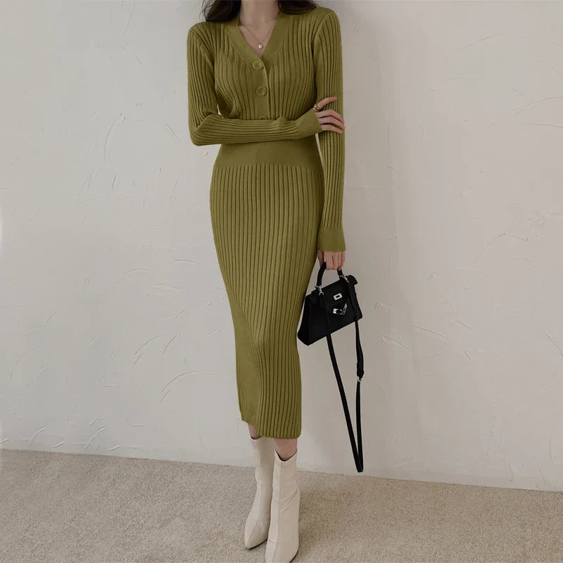 Knit Sweater Dress For Women V Neck Maxi With Buttons