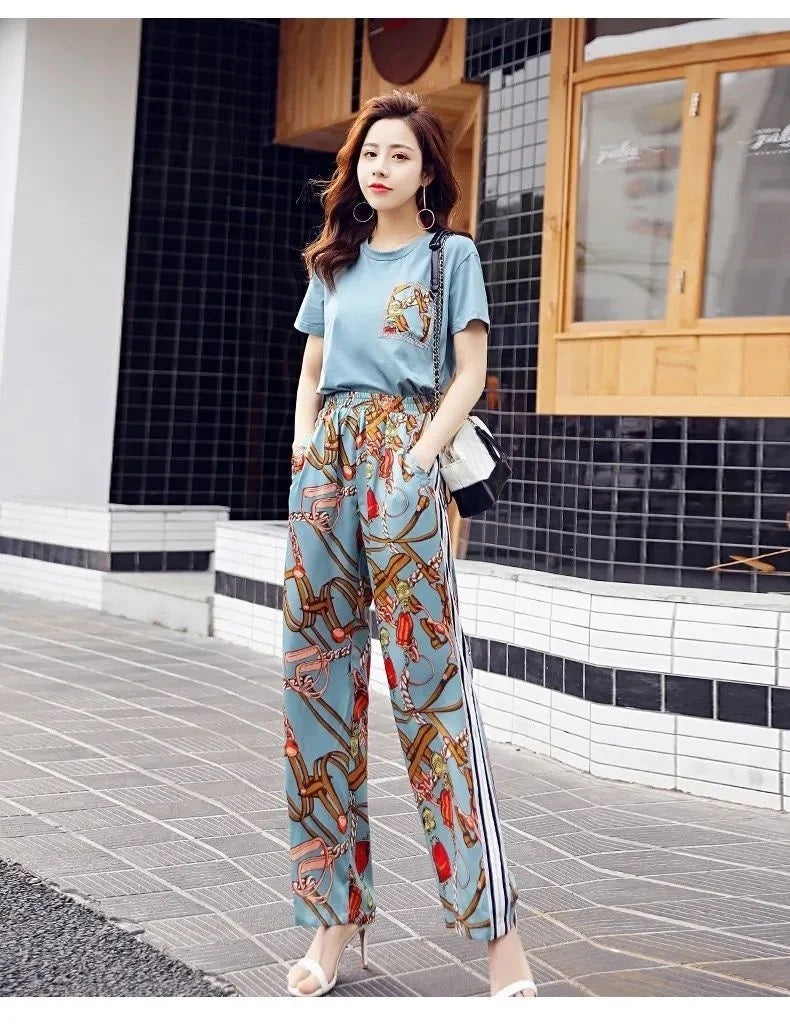 Women's Plus Size Two Piece Suit Set with Short Sleeve Tops and Wide Leg Pants for Casual Summer Fashion