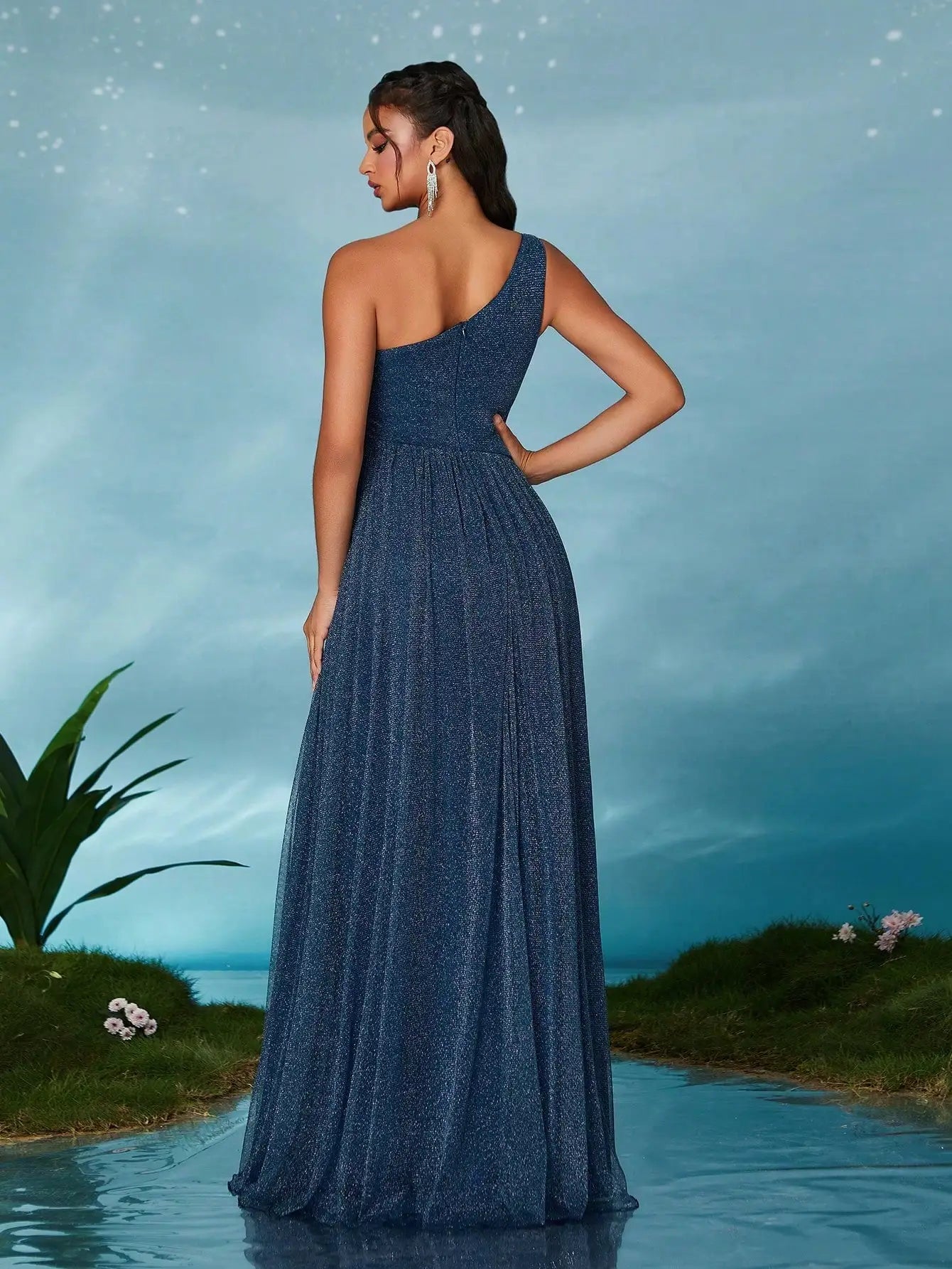 One Shoulder Asymmetrical Evening Gown With Pleats And Slit