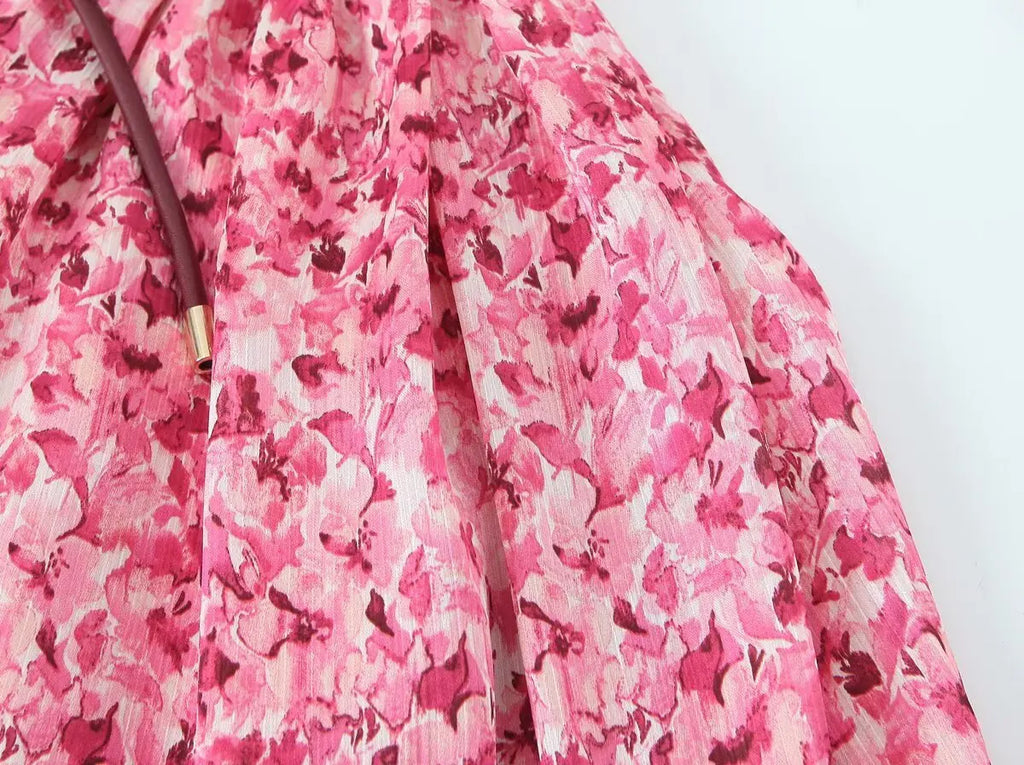 Floral Print Midi Dress V Neck Long Sleeve With Waist Tie