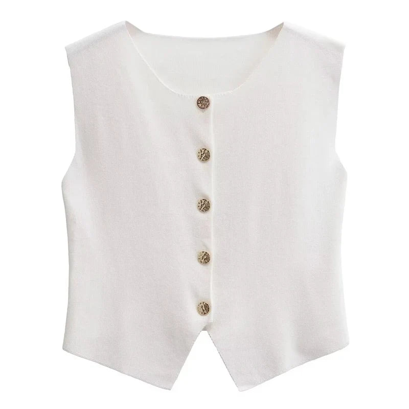 Women's 2 Piece Knit Skirt Set with Cropped Sleeveless Vest and High Waist Slim Fit Skirt in Solid Color with Gold Button Detail