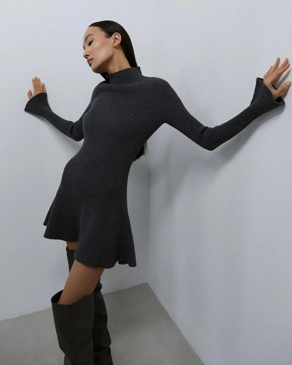 Elegant Women High Neck Knit Dress With Long Sleeve