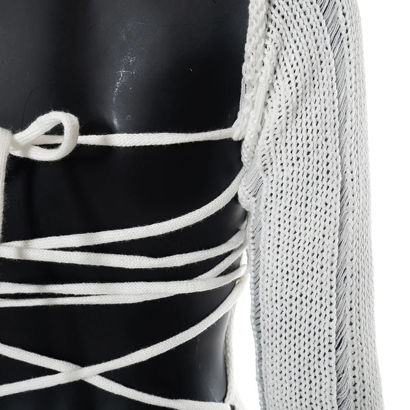 Weird Puss Bandage Knit Halter Jumpsuit with Gloves Women Stretch Sexy Backless Hollow Skinny Street Style Stacked Workout Overalls