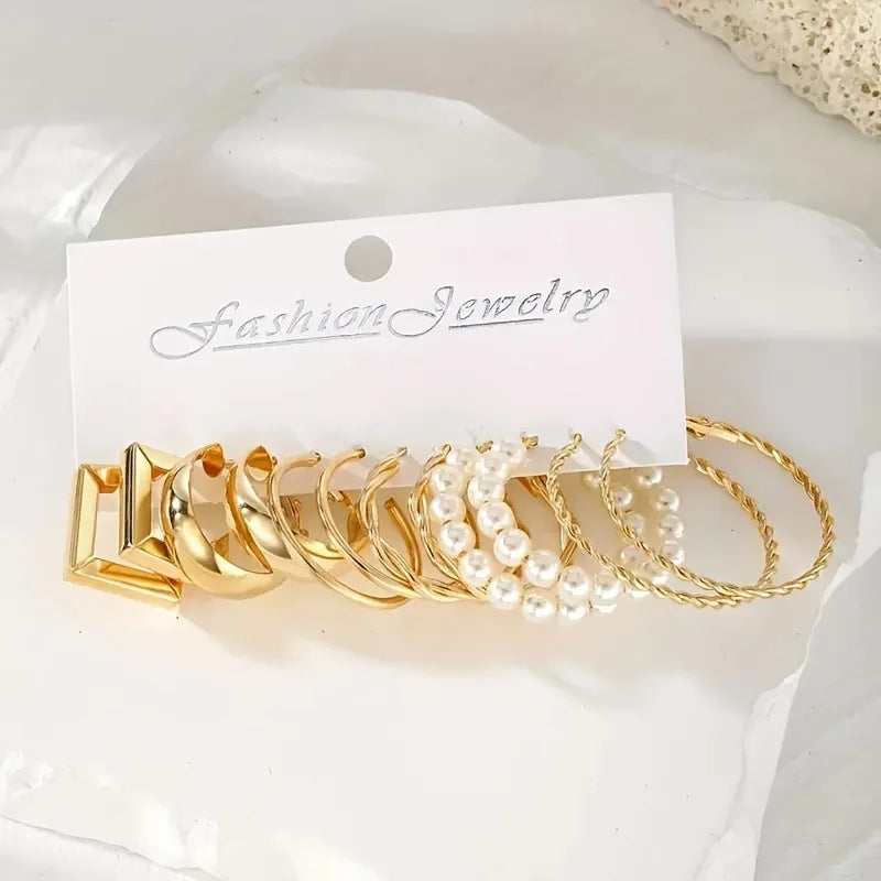 Vintage Silver Y2K Pearl Earrings Set with Round & Square Geometry Hoops for Women