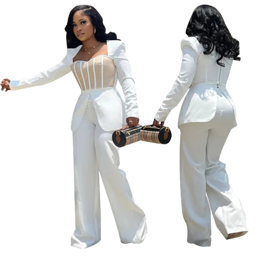 Women Long Sleeve Patchwork Romper Jumpsuit with Waist Cincher Wide-Leg Pants Elegant Office and Party Playsuit