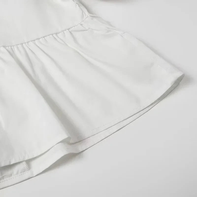 Women Bow Lace Up Puff Sleeve Blouse O Neck Sweet Casual Chic Top in White and Black