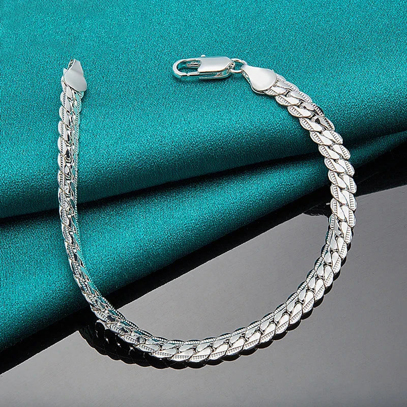 925 Silver Flat Side Chain Bracelet with Lobster Clasp for Women and Men, Adjustable 6mm Jewelry Gift for Weddings and Engagements
