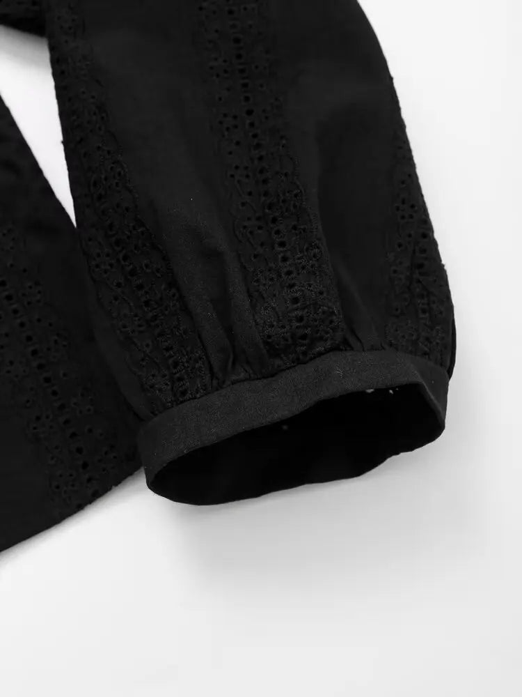 Womens Retro Casual Cotton Shirt Long Sleeve Embroidered Hollow Round Neck Lapel Top for Autumn