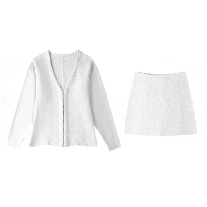 Women's Knit Tailored Cardigan and Skirt Set V-Neck Long Sleeve Jacket with High Waist Elastic A-Line Mini Skirt Stylish Two-Piece Outfit