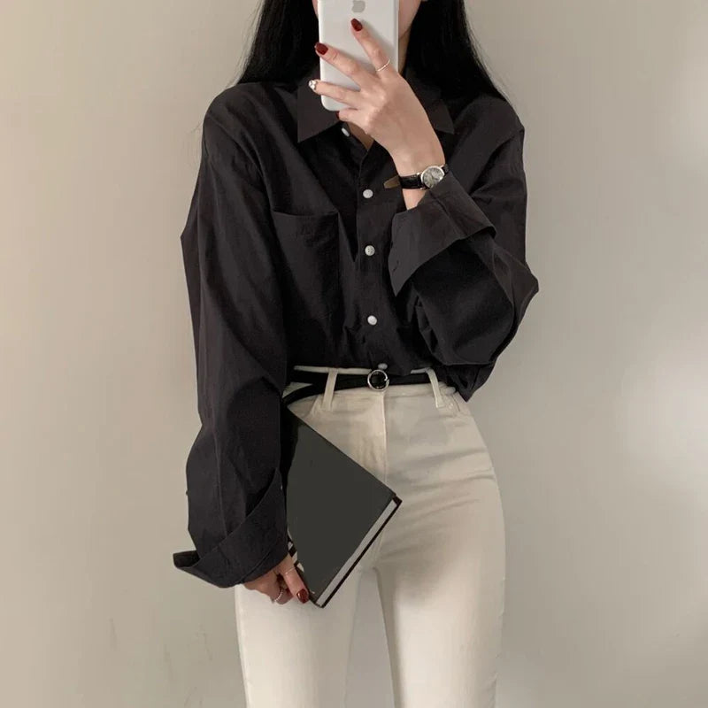 Long Sleeve Casual Office Blouse for Women with Lapel Collar and Pocket Loose Fit Comfortable Blue Shirt for Spring and Autumn
